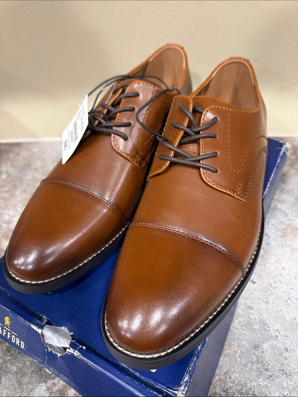 Stafford Men's Cognac Tan Cap-Toe Derby Shoes
